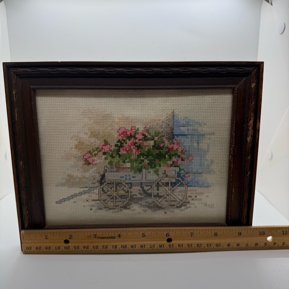 Vintage Framed Floral Wagon Cross-Stitch Needlepoint Pink and Blue - Picture 2 of 8